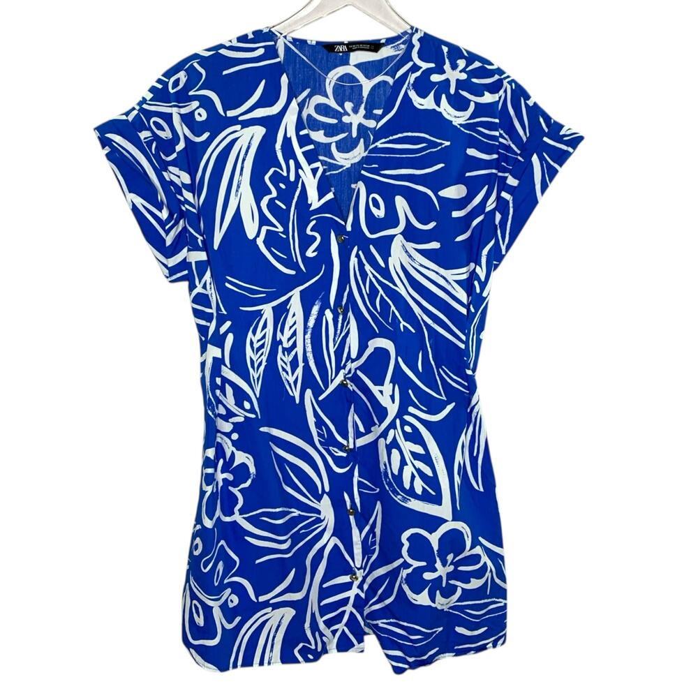 Zara XS Printed Blue Button Front Mini Dress Blogger Fav TropicalTravel *flaw